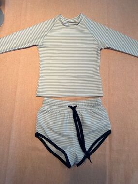 Minnow Striped Light Blue & White Kids Rashguard Set with Navy Trim